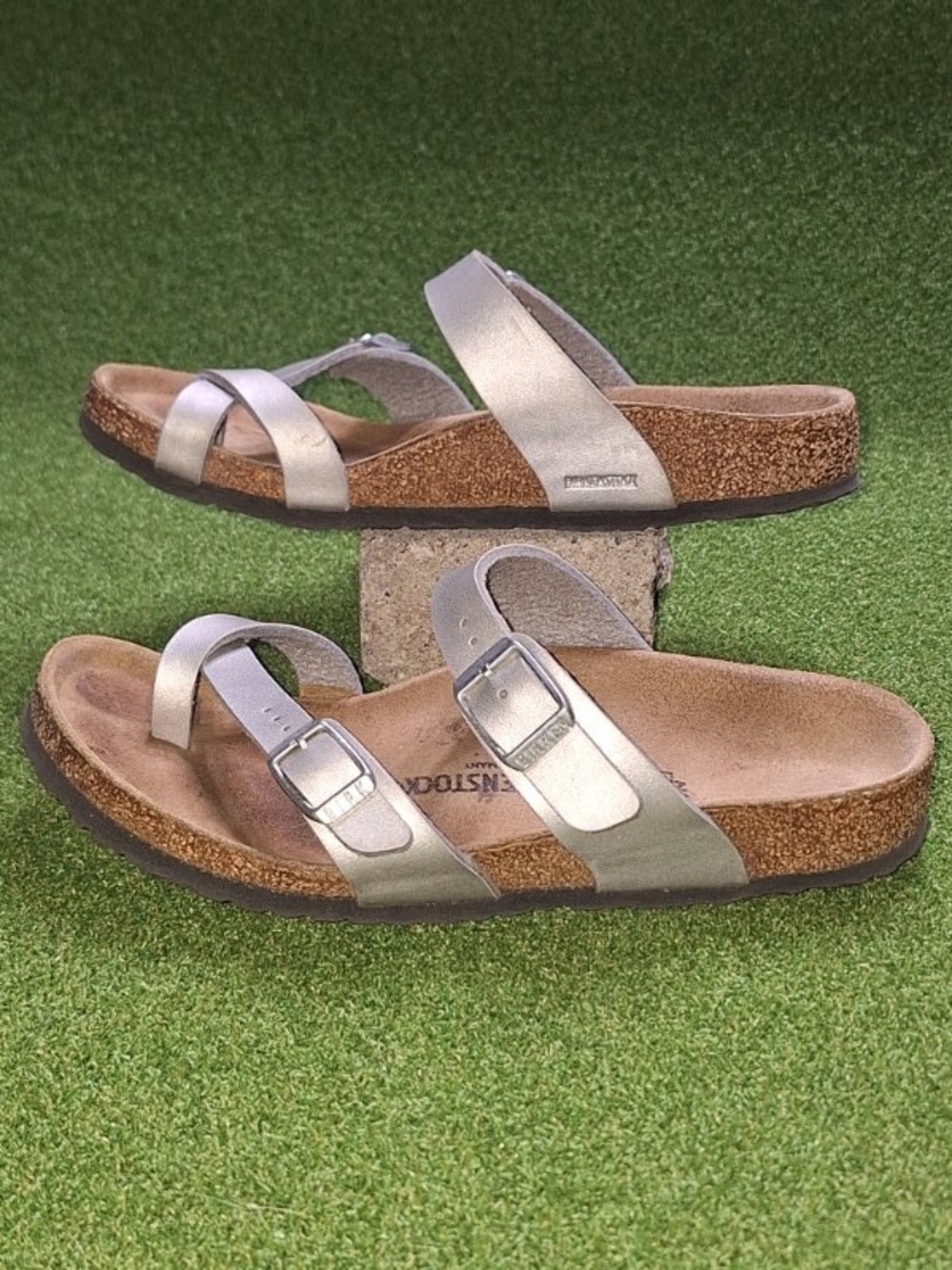 Birkenstock Mayari Silver Metallic Leather Two Strap Sandals Women's EU 34 US 3